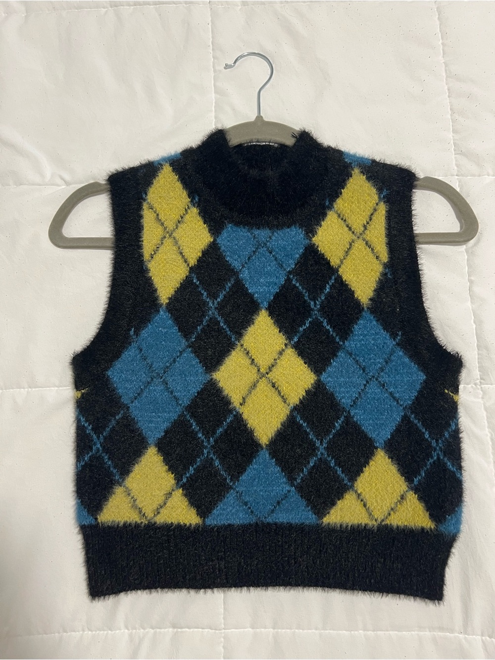 La Hearts Black Fuzzy Argyle Sweater with Blue and Yellow Accents